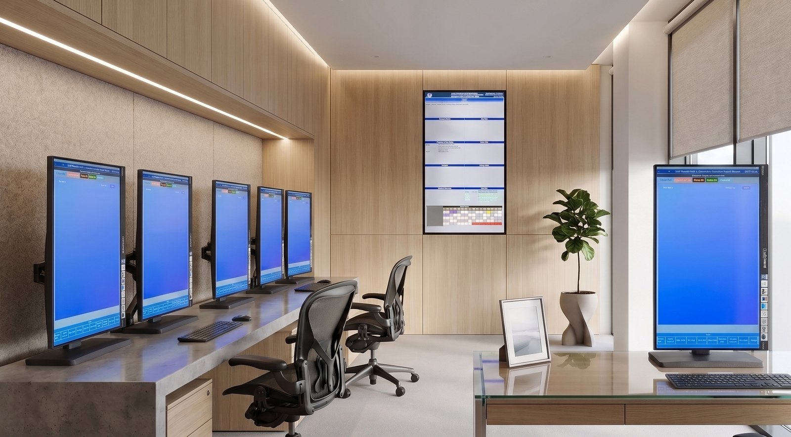 A briefing area fitted with MEIDS self-briefing terminals and a wall-mounted briefing board
