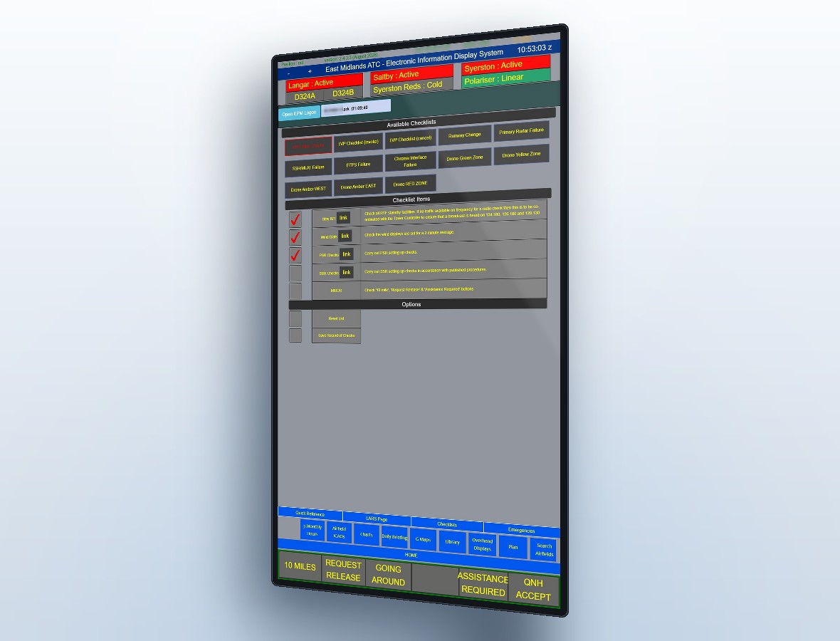 A MEIDS terminal showing a runway change checklist with confirmed items ticked and further checklists available for drone zones and equipment failures