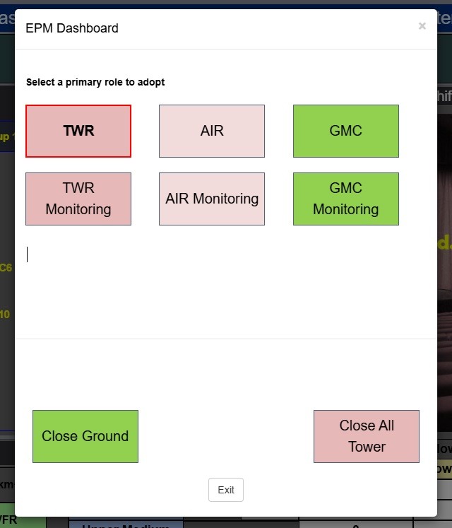 The MEIDS Electronic Position Monitoring dashboard showing role selection buttons for TWR, AIR and GMC