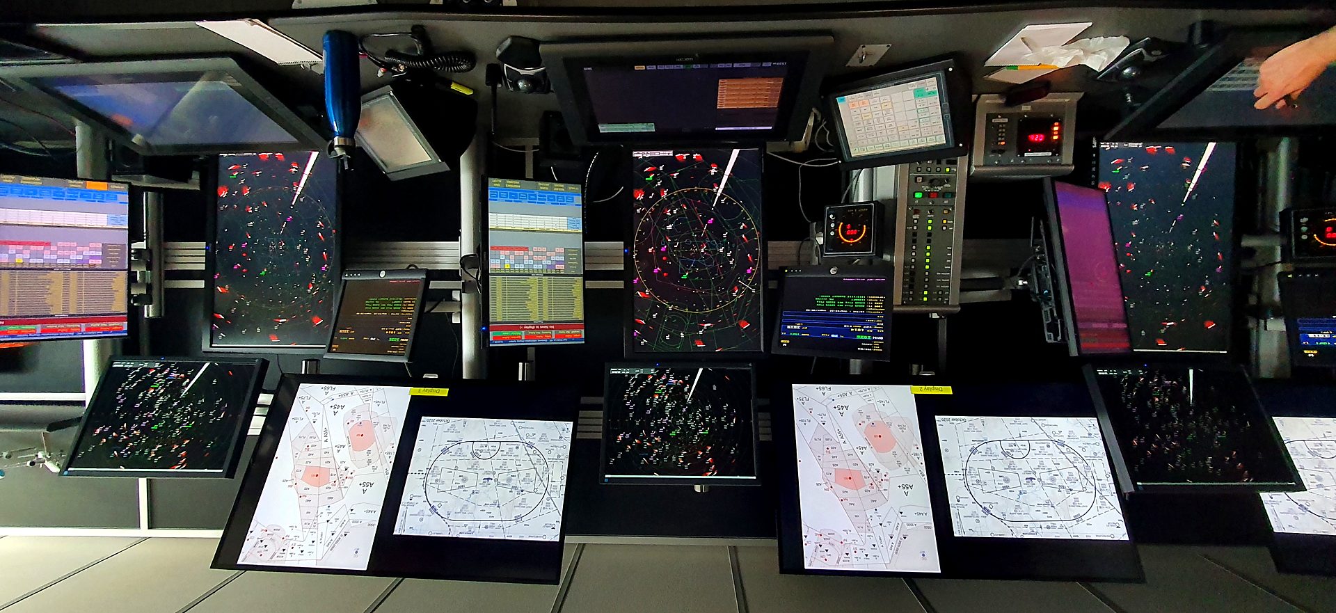 A radar operations room with MEIDS displays at each controller working position