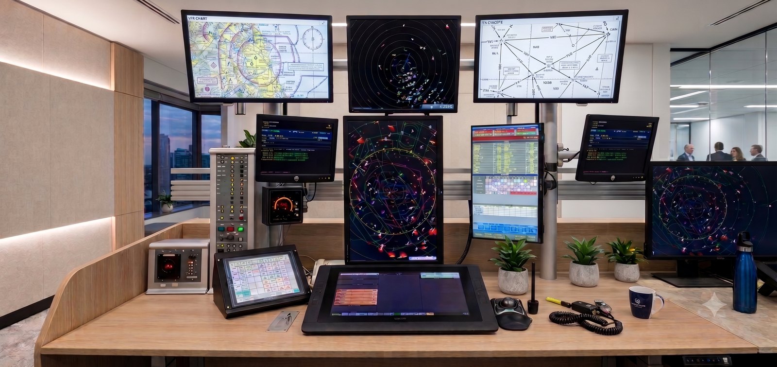 A controller working position with three large overhead displays above it showing a VFR chart, a radar picture and a STAR chart