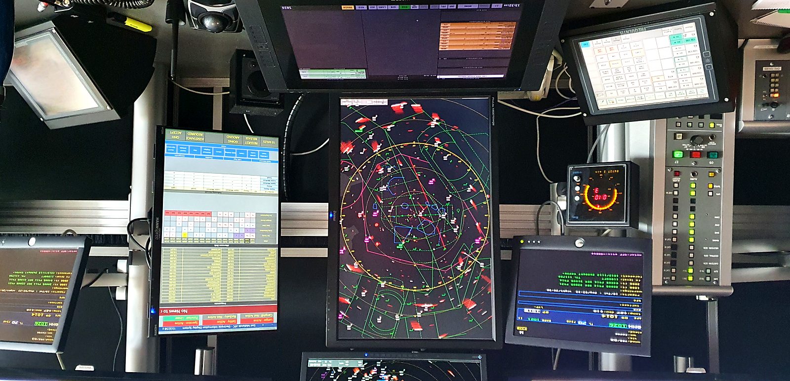 A radar controller working position with the MEIDS touchscreen fitted alongside the radar display